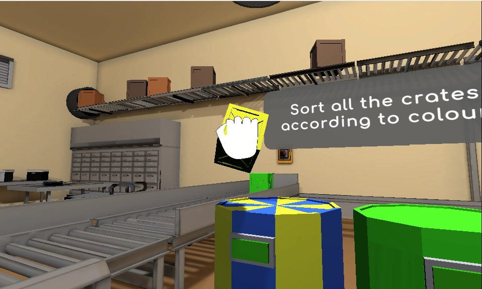 Neurofit crate-sorting cognitive activity with coloured crates on a conveyor