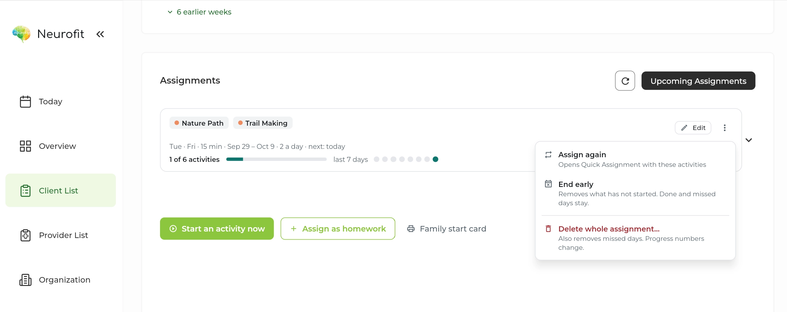 Neurofit Assignments with Nature Path and Trail Making, schedule and completion progress, Start an activity now, Assign as homework, Family start card, and assignment management options